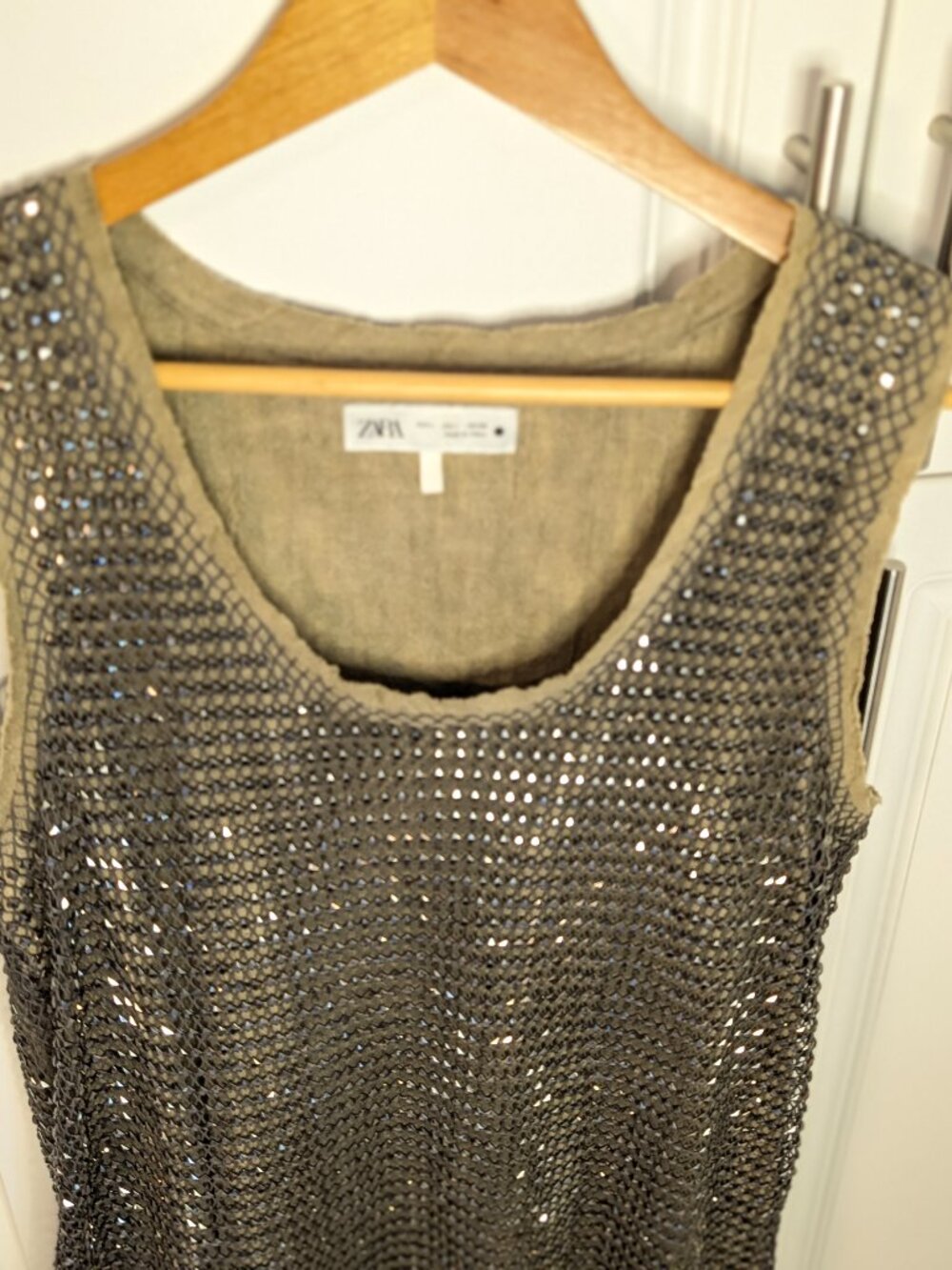 Zara Studded Mesh Khaki Mini Dress Sleeveless Shift L ZW Collection Modern Glam - Picture 4 of 15
